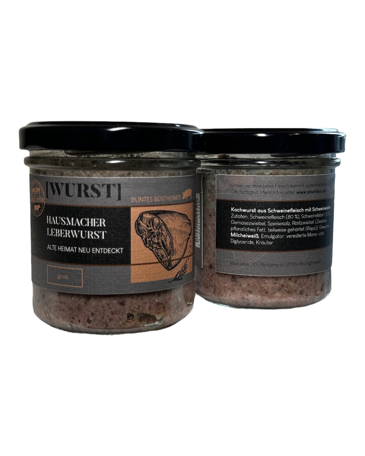 Zwei Gläser einer Hausmacher Leberwurst mit weißem Hintergrund sind zu sehen.